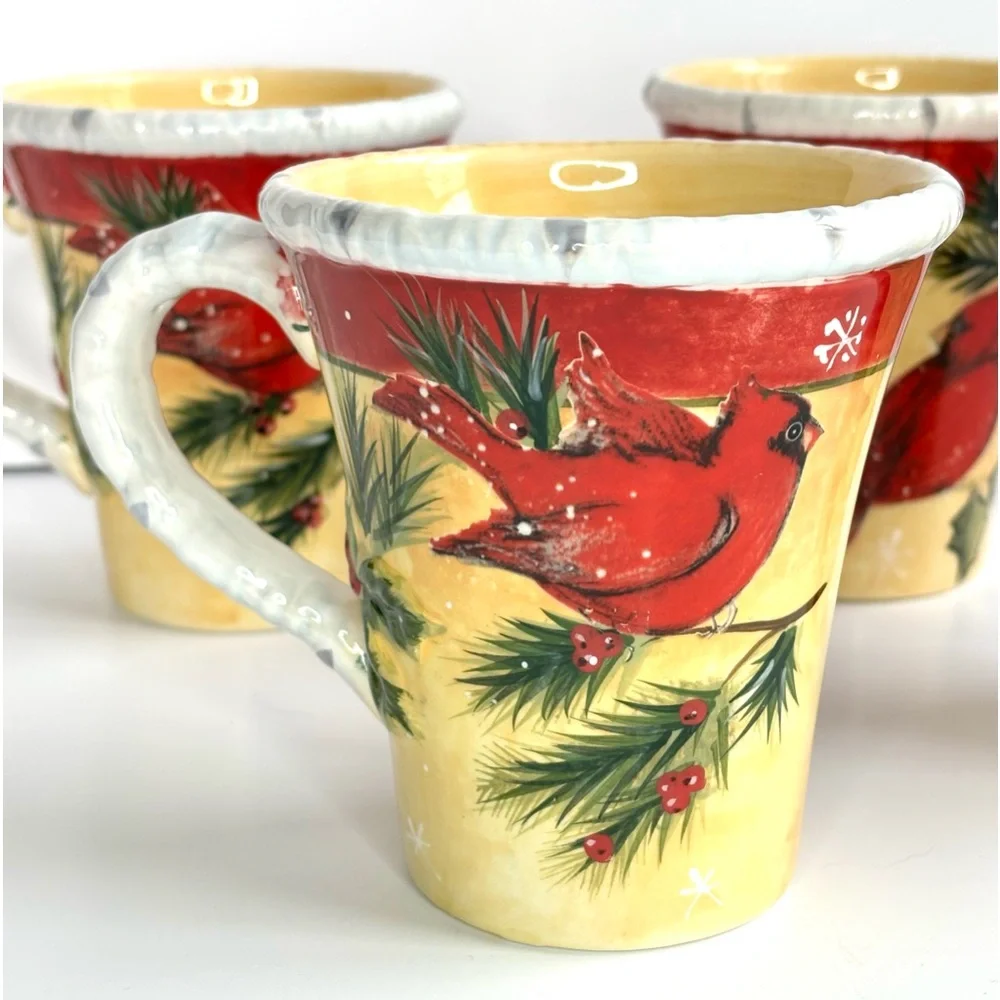 Pier1 Hollybirds Set of Four Winter Holiday Cardinal Birds‎ Coffee Mugs EUC